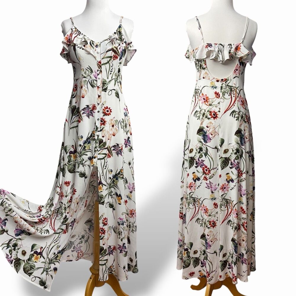 Lulus White Floral A-Line Maxi Dress Size M Bridal Spaghetti Straps Open Back